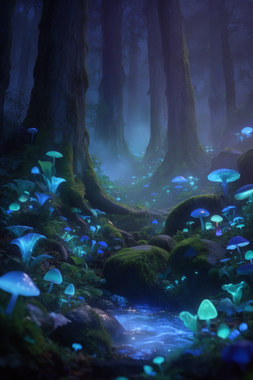 A magical bioluminescent forest at night with glowing blue and teal mushrooms and mist, made with Krea 2