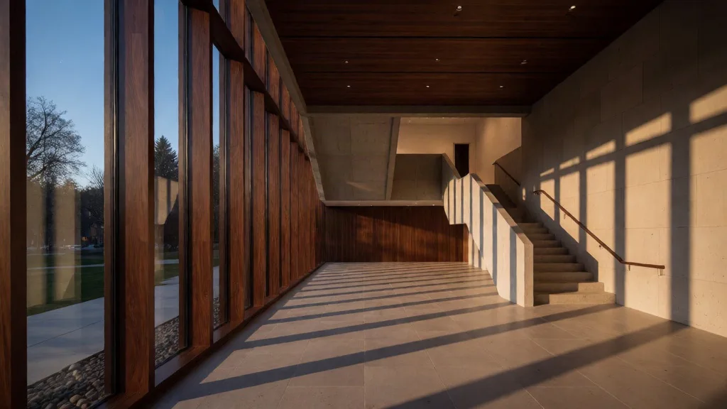 Warm museum atrium at dusk with walnut and stone finishes