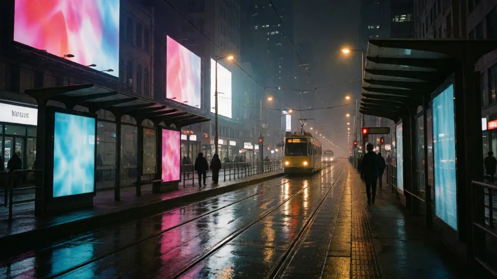 Analog tram stop at night with cyan and magenta reflections
