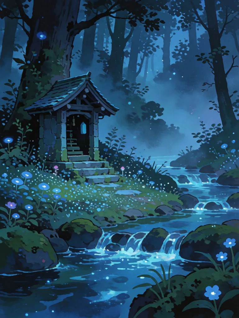 Gouache forest shrine beside a luminous stream