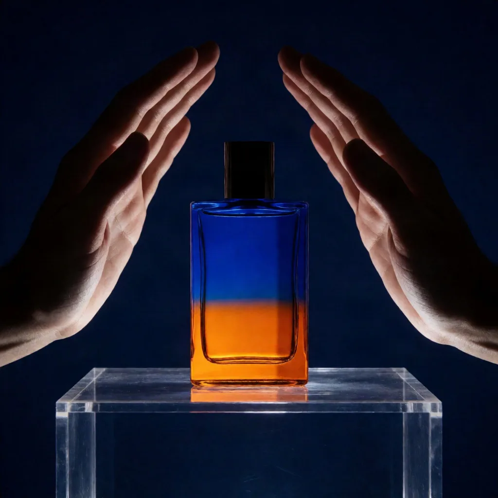 Fragrance bottle on a glossy acrylic plinth at night