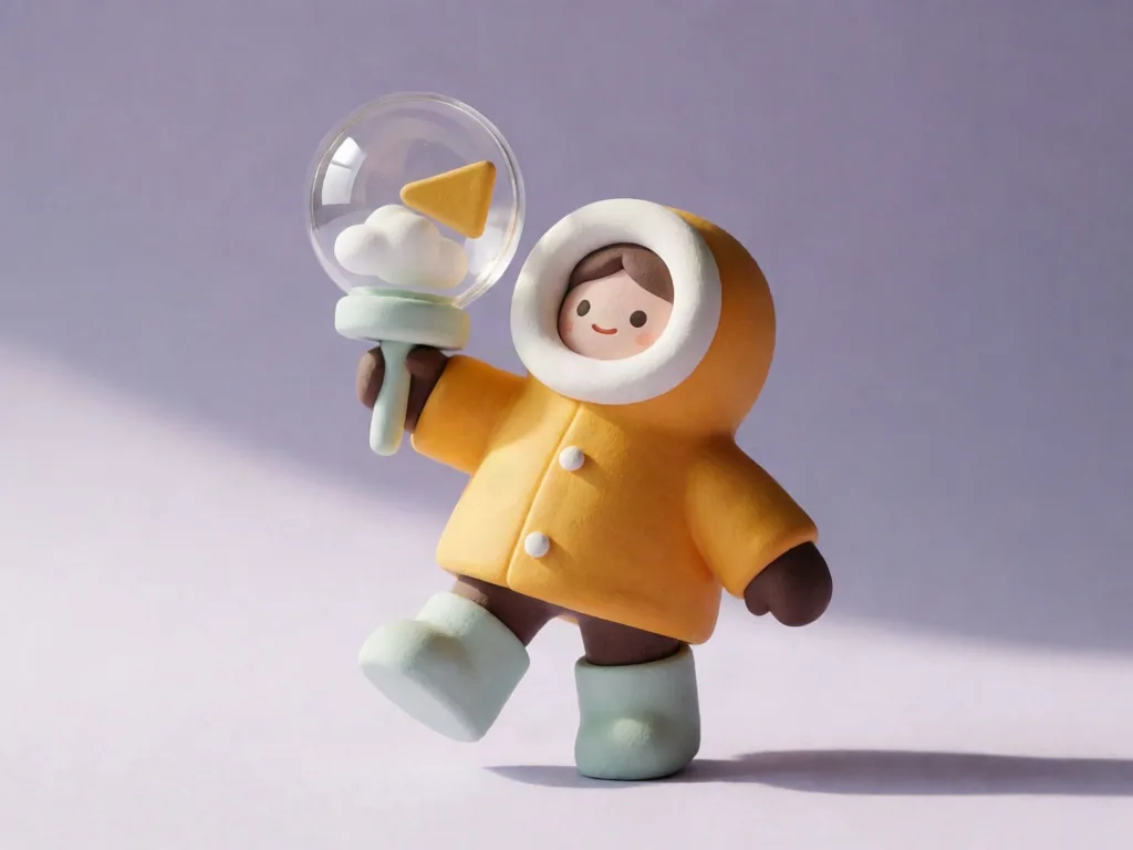 Toy-like ceramic weather scout in a saffron parka carrying a glass wind meter