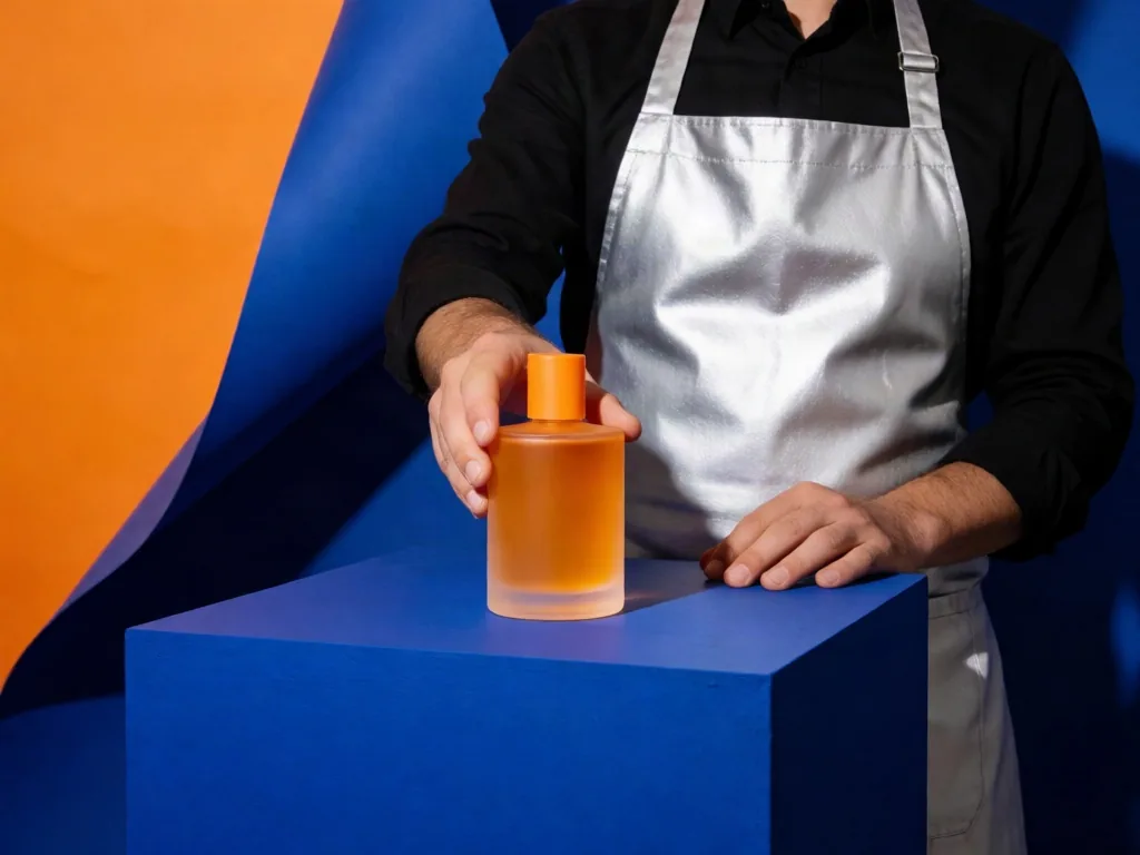 Perfumer in a silver apron presenting an unbranded citrus glass bottle on a cobalt plinth