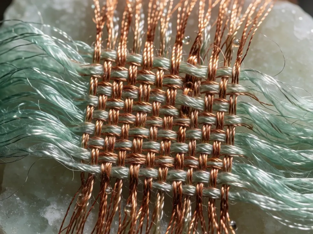 Macro weave of copper threads and translucent sea-green silk with resin droplets