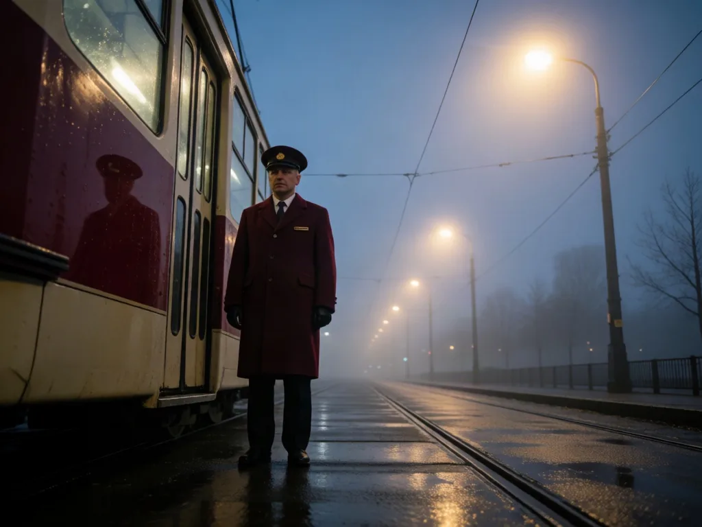 Tram conductor in a burgundy coat standing beside wet rails in blue dawn fog