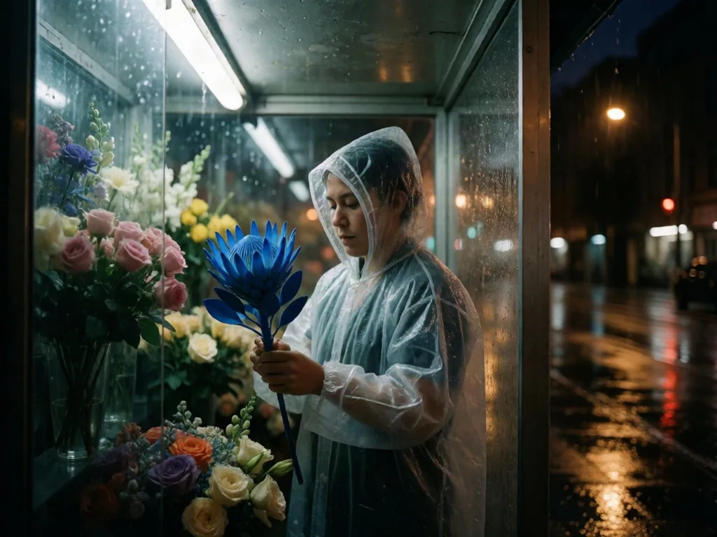 Krea 2 prompt generator example of a midnight florist holding an electric-blue flower in a rainy glass kiosk