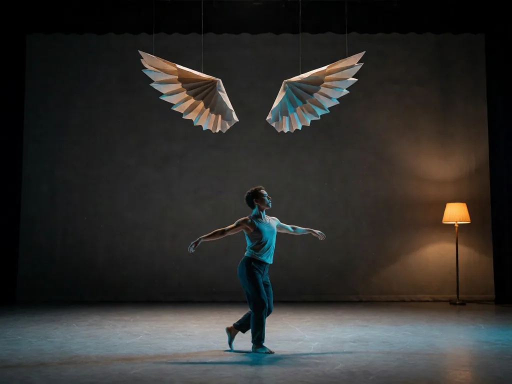 Dancer turning beneath folded-paper wings on a dark rehearsal stage