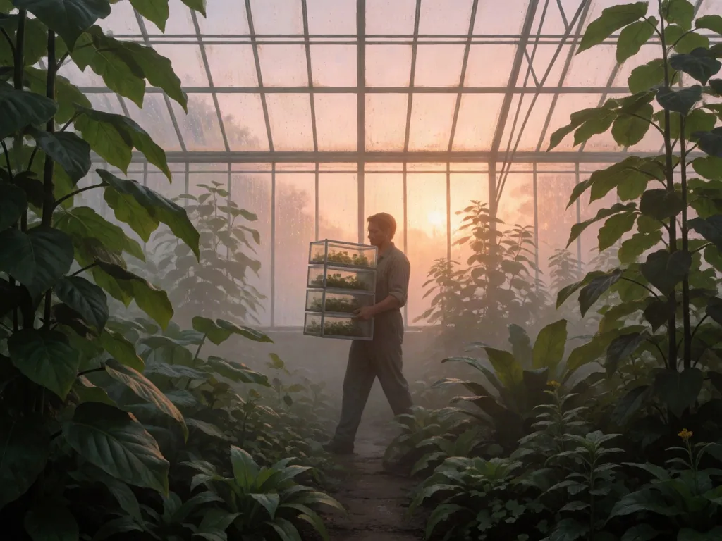 Seed archivist carrying glass specimen drawers through a misty greenhouse at sunrise