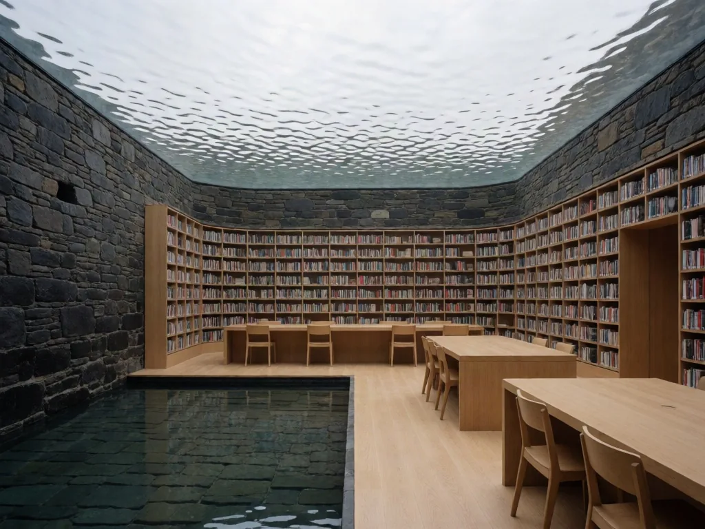 Stone tidal research library with curved bookshelves, pale oak desks, and an indoor reflecting pool