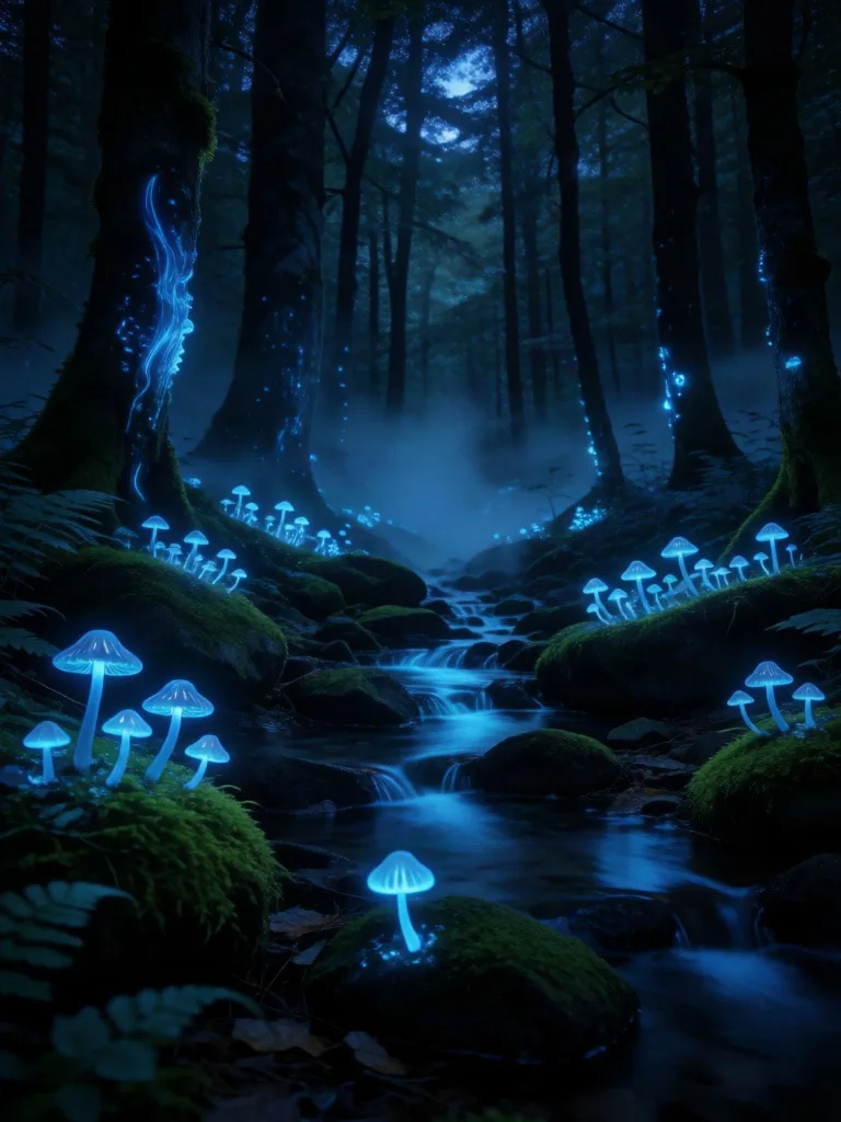 Bioluminescent forest with blue mist and glowing ground