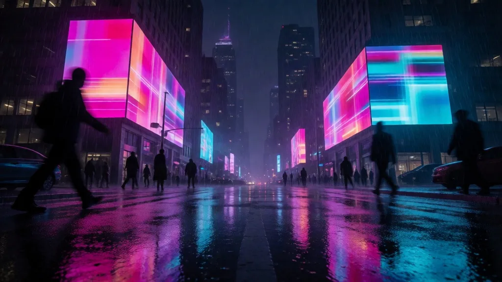 Rainy neon street photographed from a low perspective