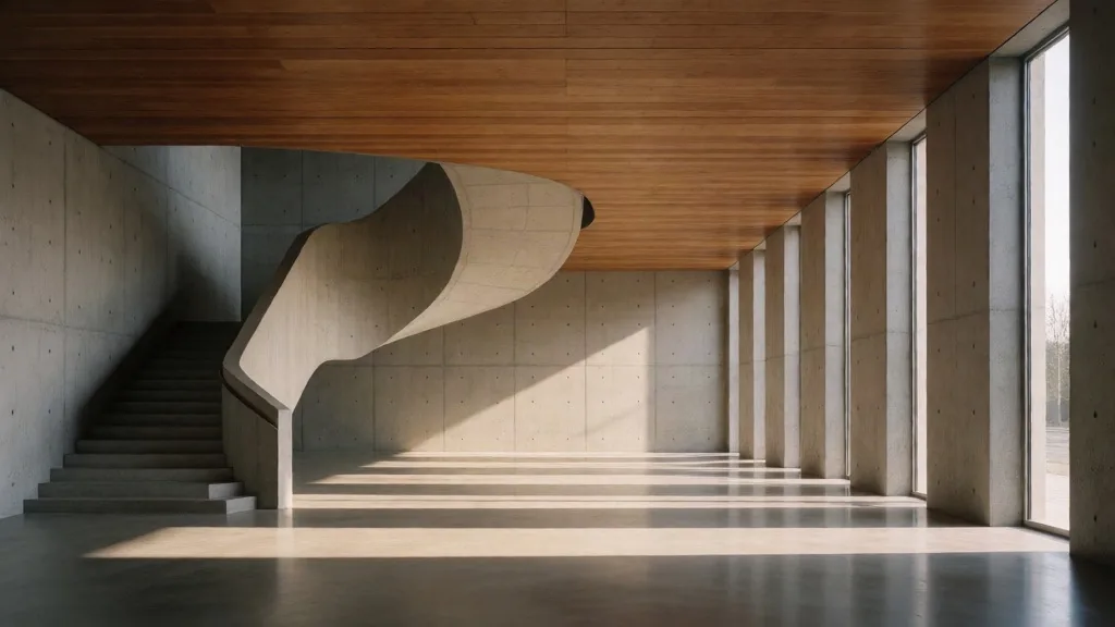 Sunlit concrete interior with stairs and long geometric shadows
